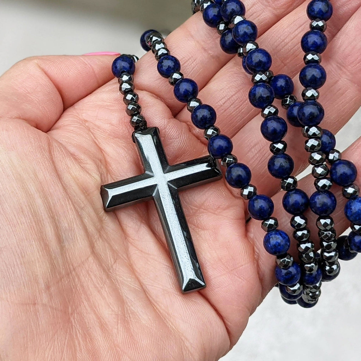 Tijgeroog en lapis lazuli kruis rozenkrans halsketting voor mannen