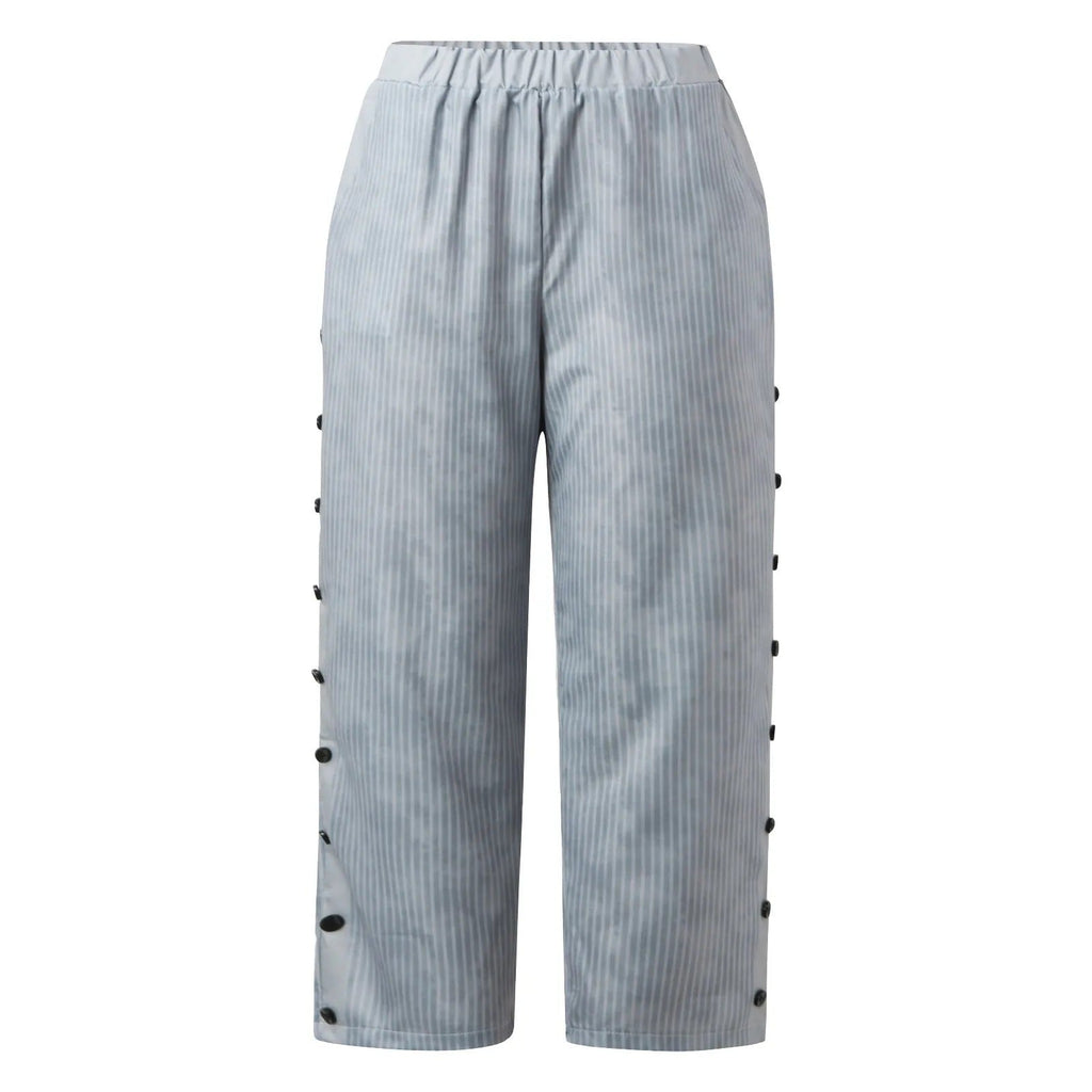 Gestreepte hoge taille damesbroek met decoratieve knopen