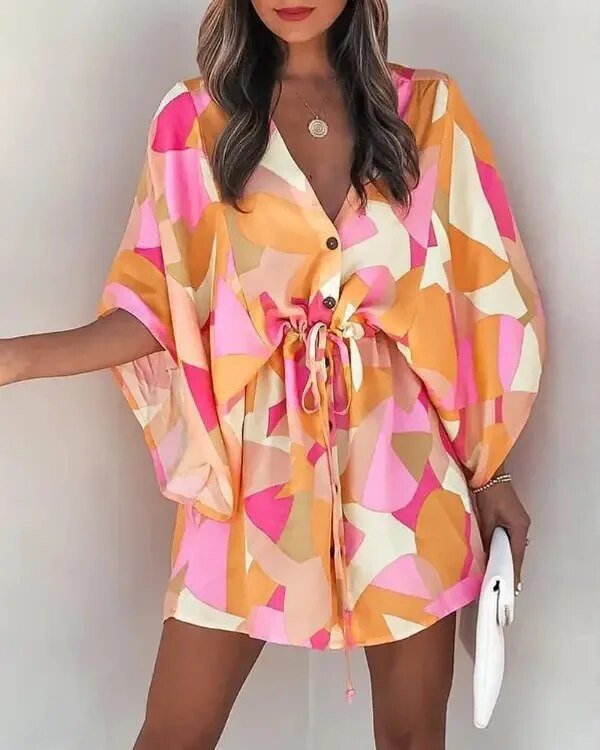 Zomerkleed met V-hals en ruche mouwen