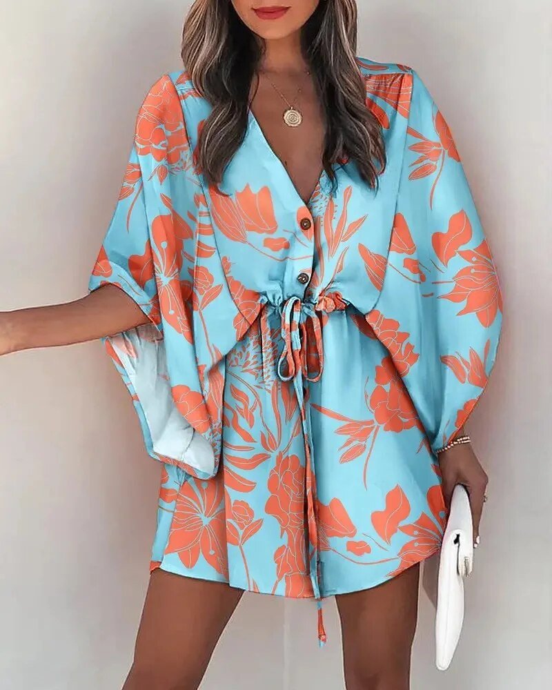 Zomerkleed met V-hals en ruche mouwen — afbeelding 17