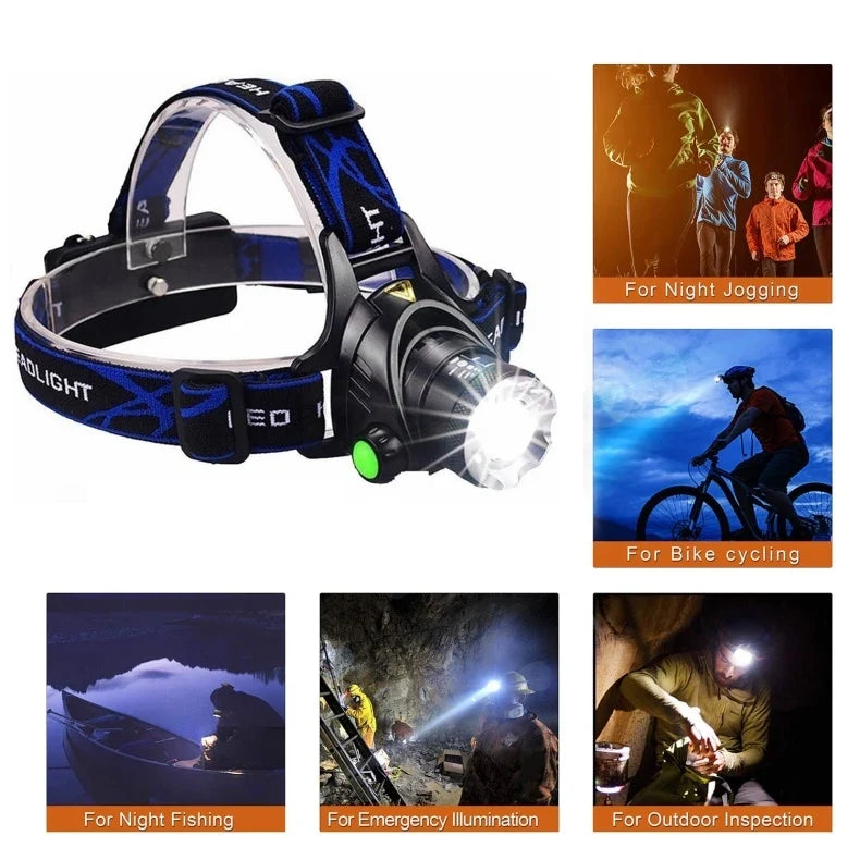 LED hoofdlamp met zoom & oplaadbare accu voor buitenactiviteiten