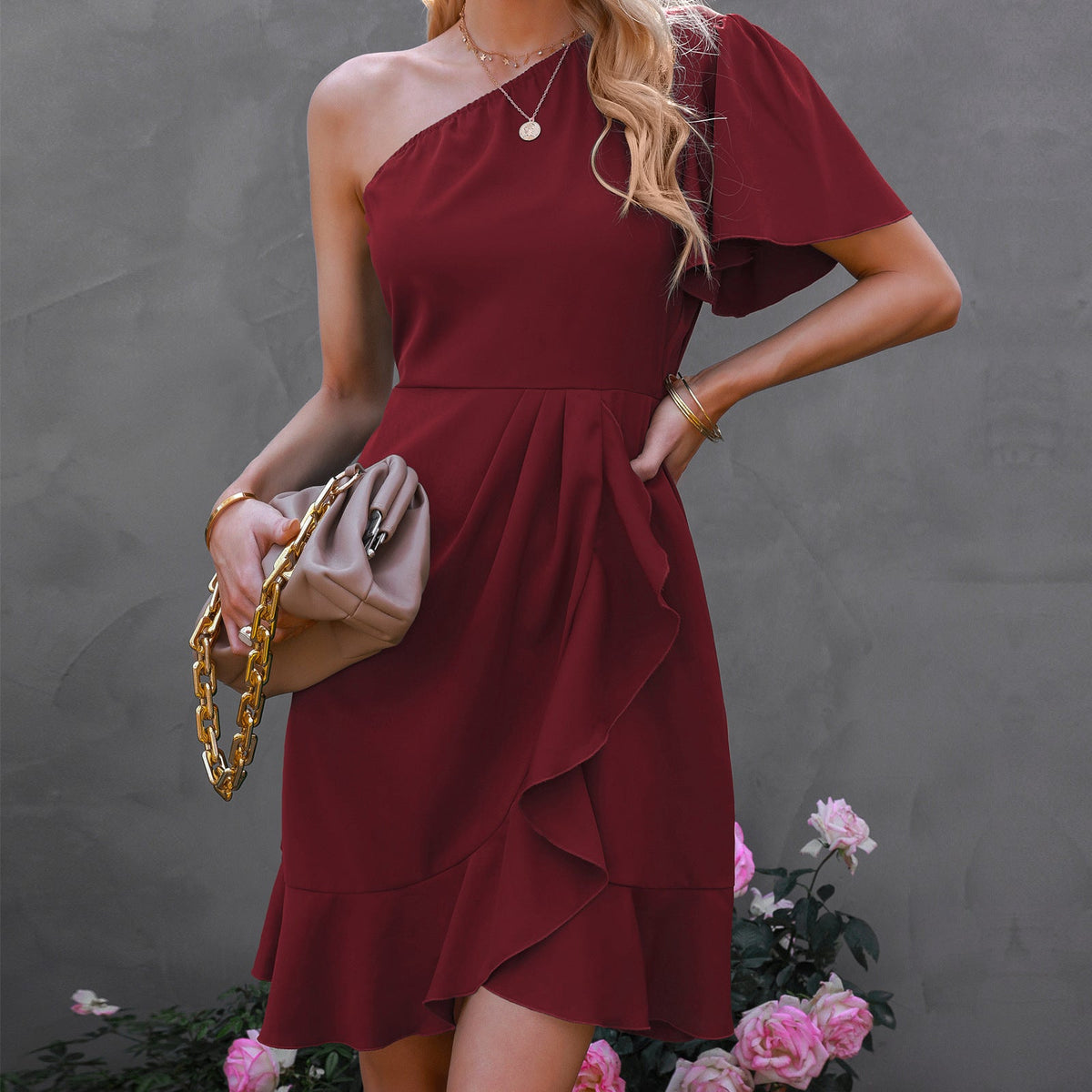 Ruches one-shoulder avondjurk – stijlvolle europese feestkleding