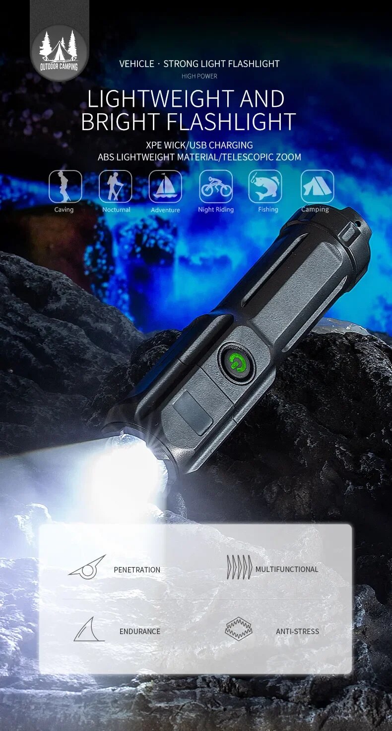 Oplaadbare LED-campingzaklamp met zoom