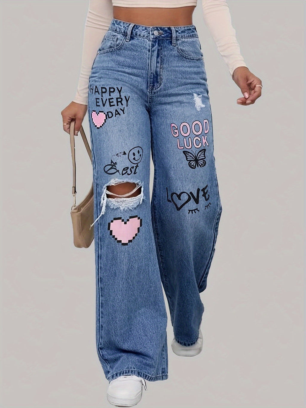 Dames jeans met hartjes- en graffitiprint