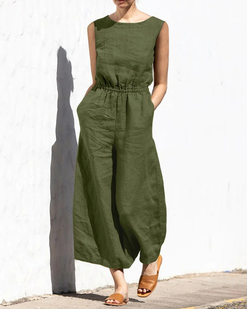 Mouwloze dames jumpsuit met wijde pijpen