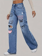 Dames jeans met hartjes- en graffitiprint