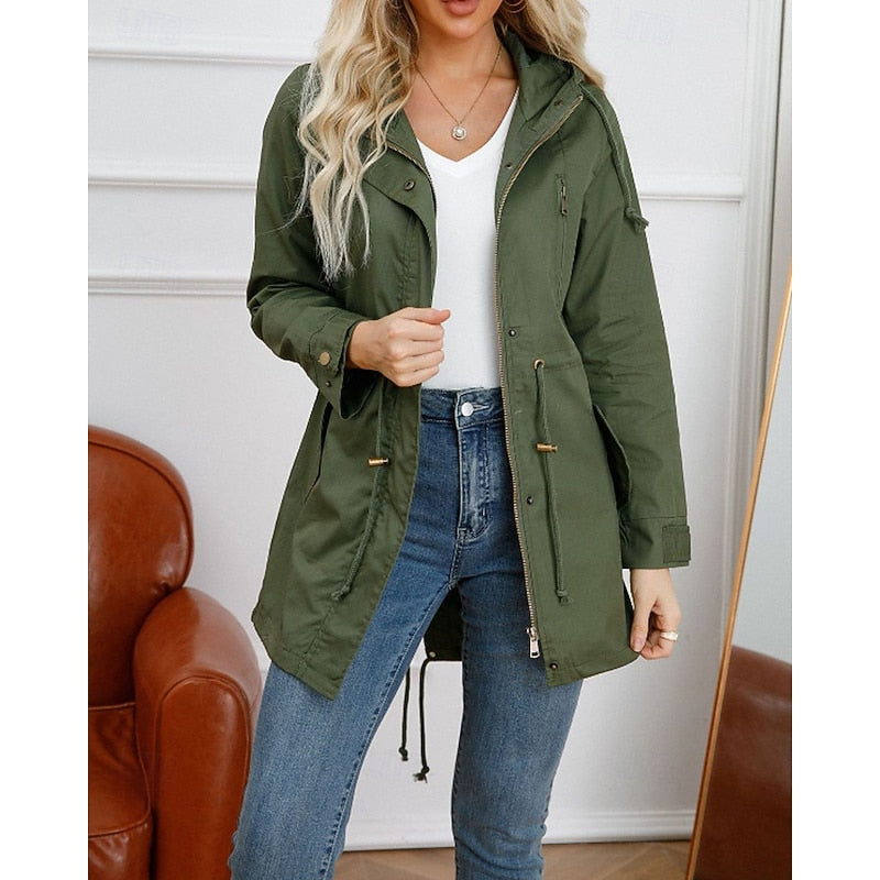 Lange jas met capuchon en trekkoord in de taille