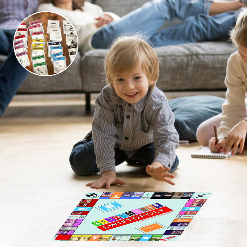 Muziekgebaseerd bordspel met songkaarten en monopoly-geld voor spelavonden