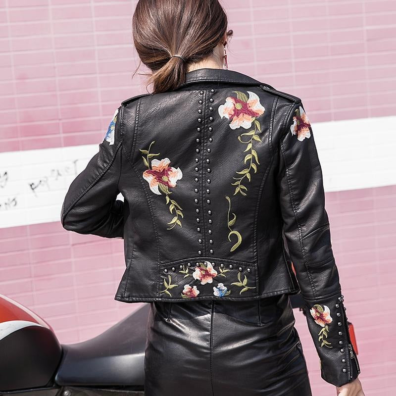 Geborduurde dames kunstlederen motorjack