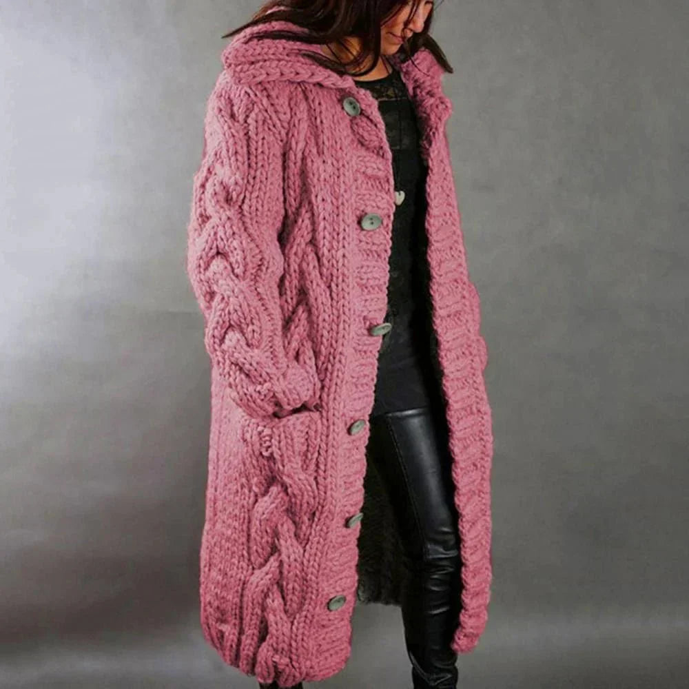 Keisha | Extra lang oversized damesvest met kabelbreisel en knopen