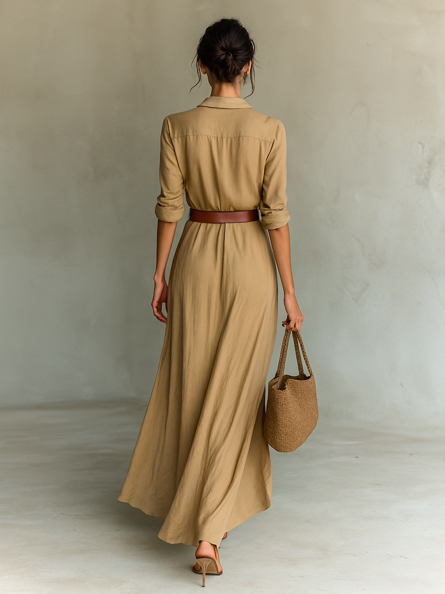 Naomi | Lange polyester jurk met reverskraag