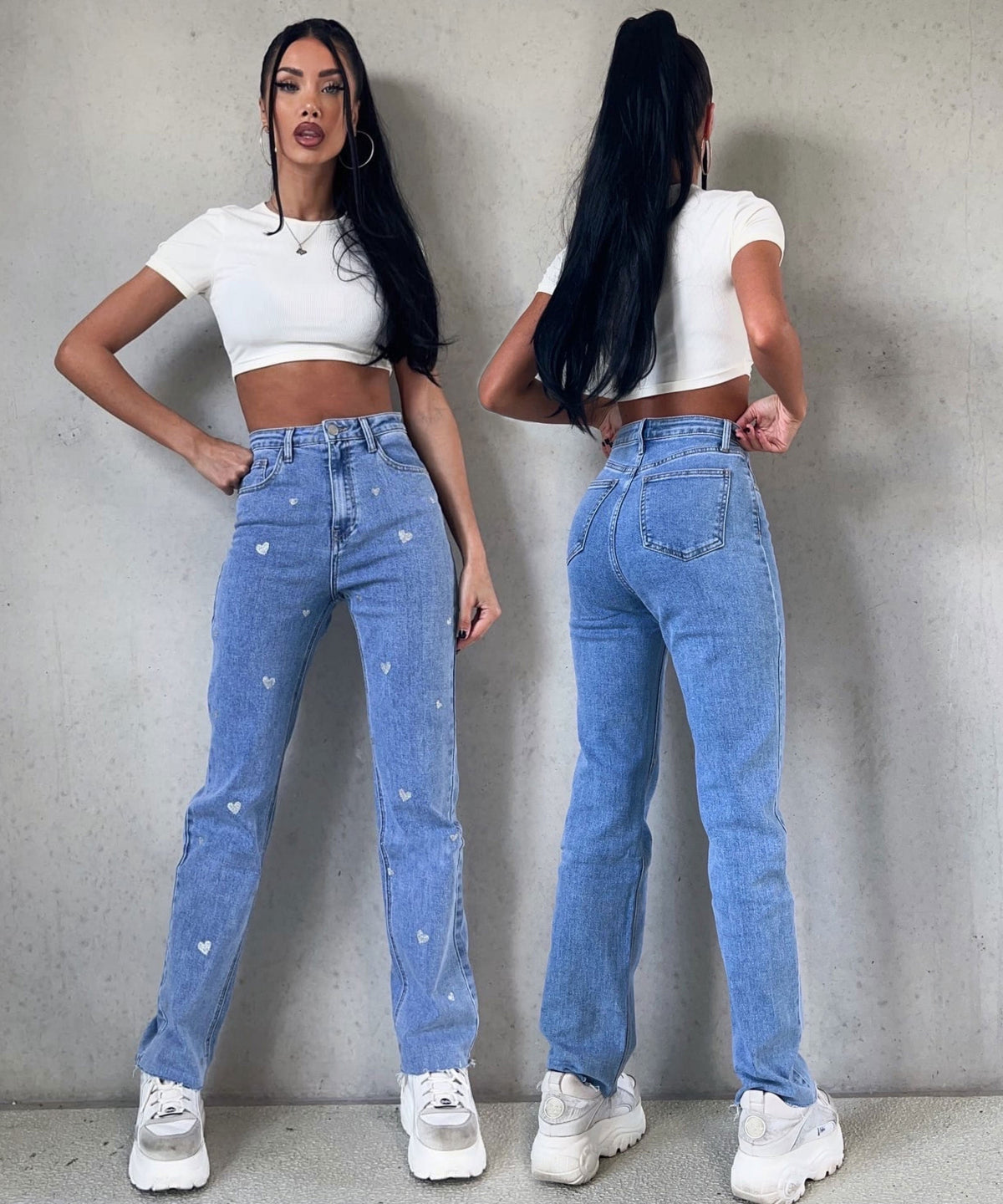 Dames stretch jeans met wijde pijpen en hartjesprint — afbeelding 24