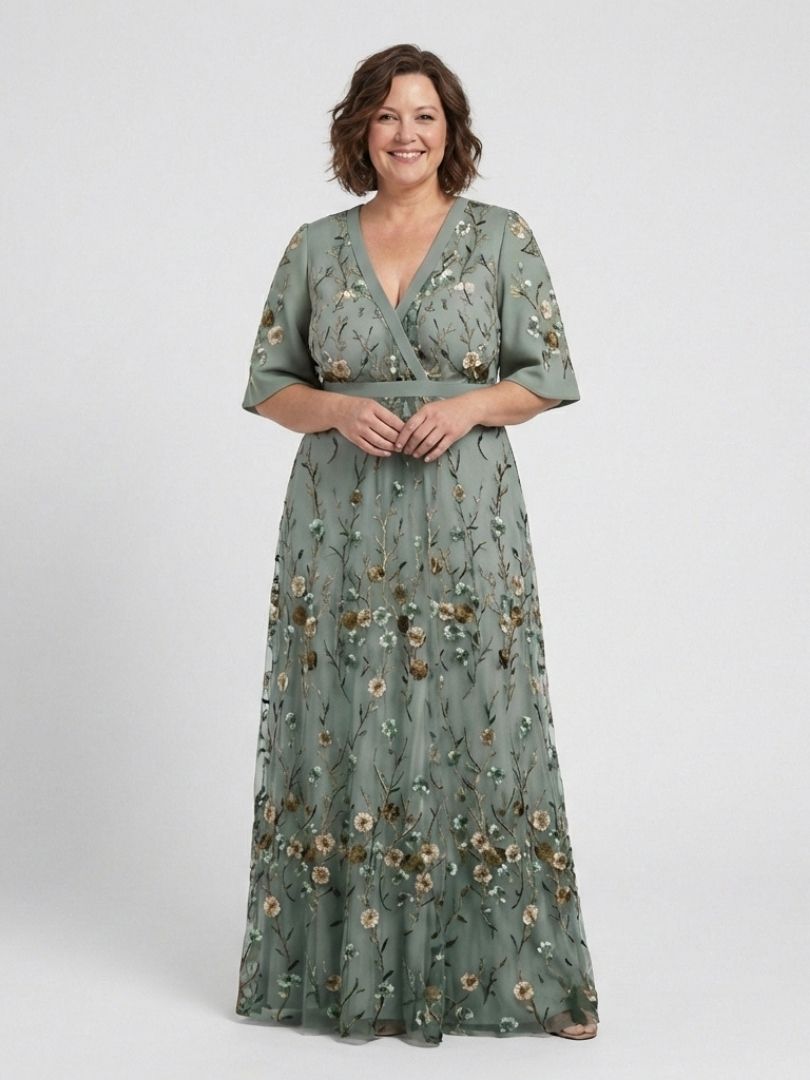 Delia | Bloemenmaxi-jurk met V-hals en transparante mouwen