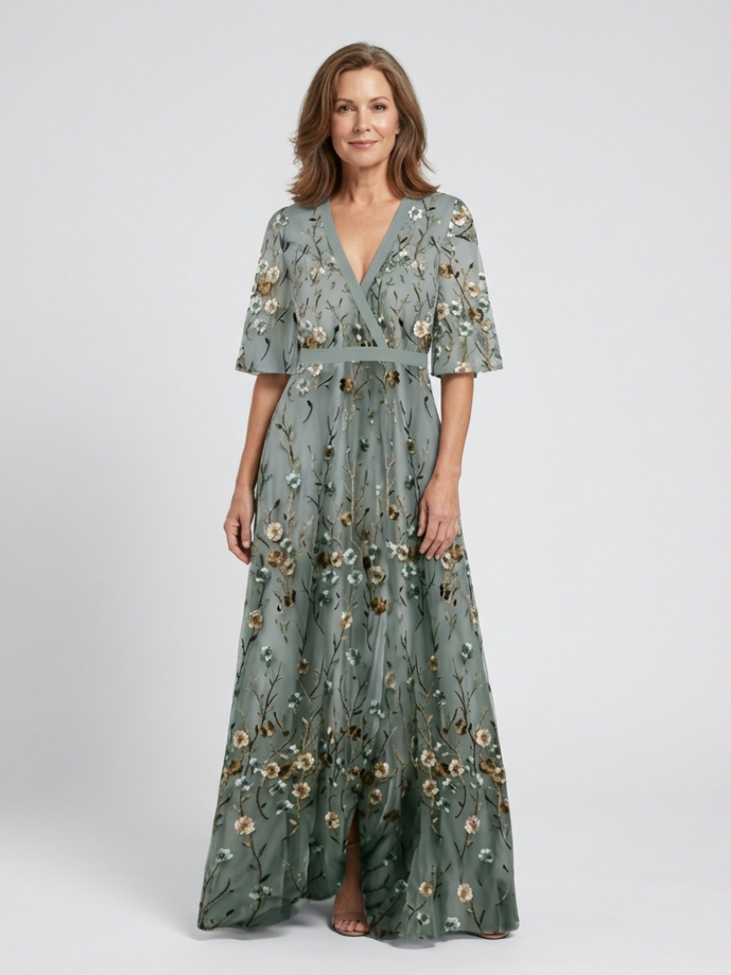 Delia | Bloemenmaxi-jurk met V-hals en transparante mouwen