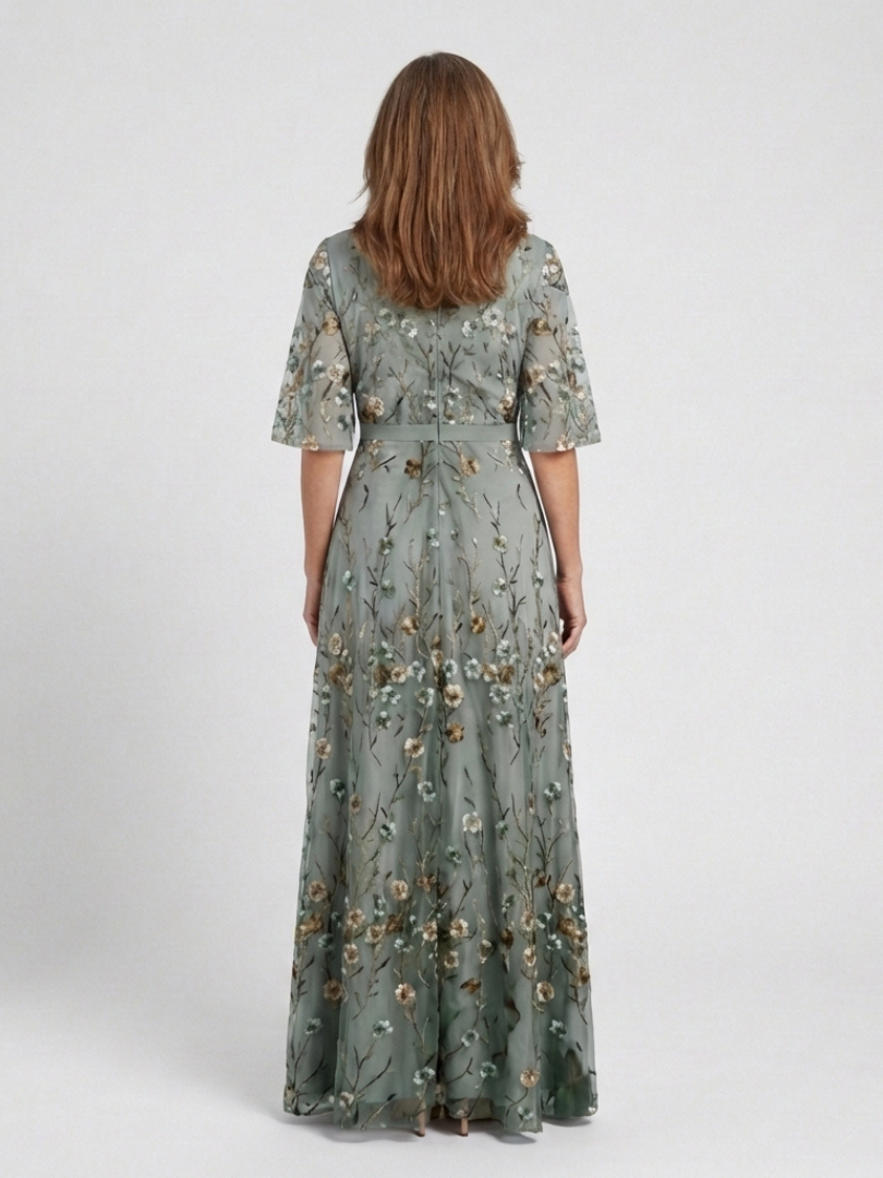 Delia | Bloemenmaxi-jurk met V-hals en transparante mouwen