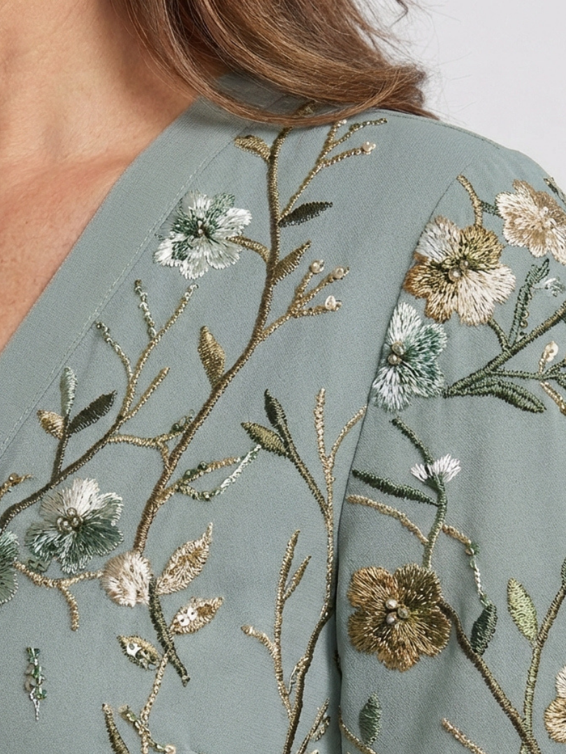 Delia | Bloemenmaxi-jurk met V-hals en transparante mouwen