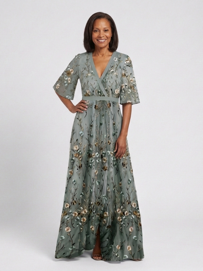 Delia | Bloemenmaxi-jurk met V-hals en transparante mouwen