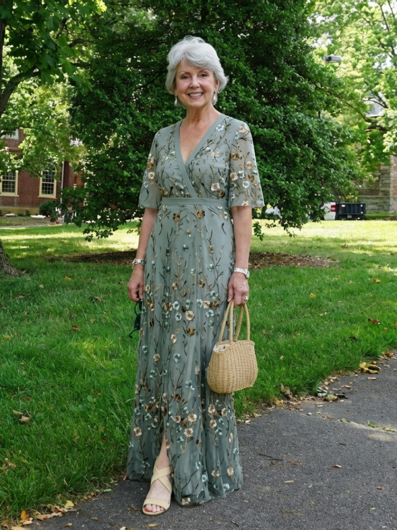 Delia | Bloemenmaxi-jurk met V-hals en transparante mouwen