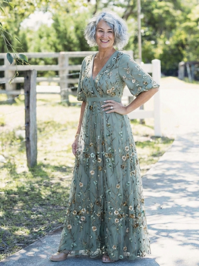 Delia | Bloemenmaxi-jurk met V-hals en transparante mouwen