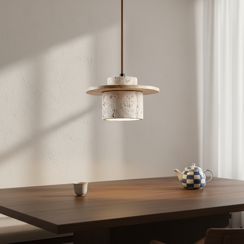 Hanglamp travertijn houtlook — afbeelding 1