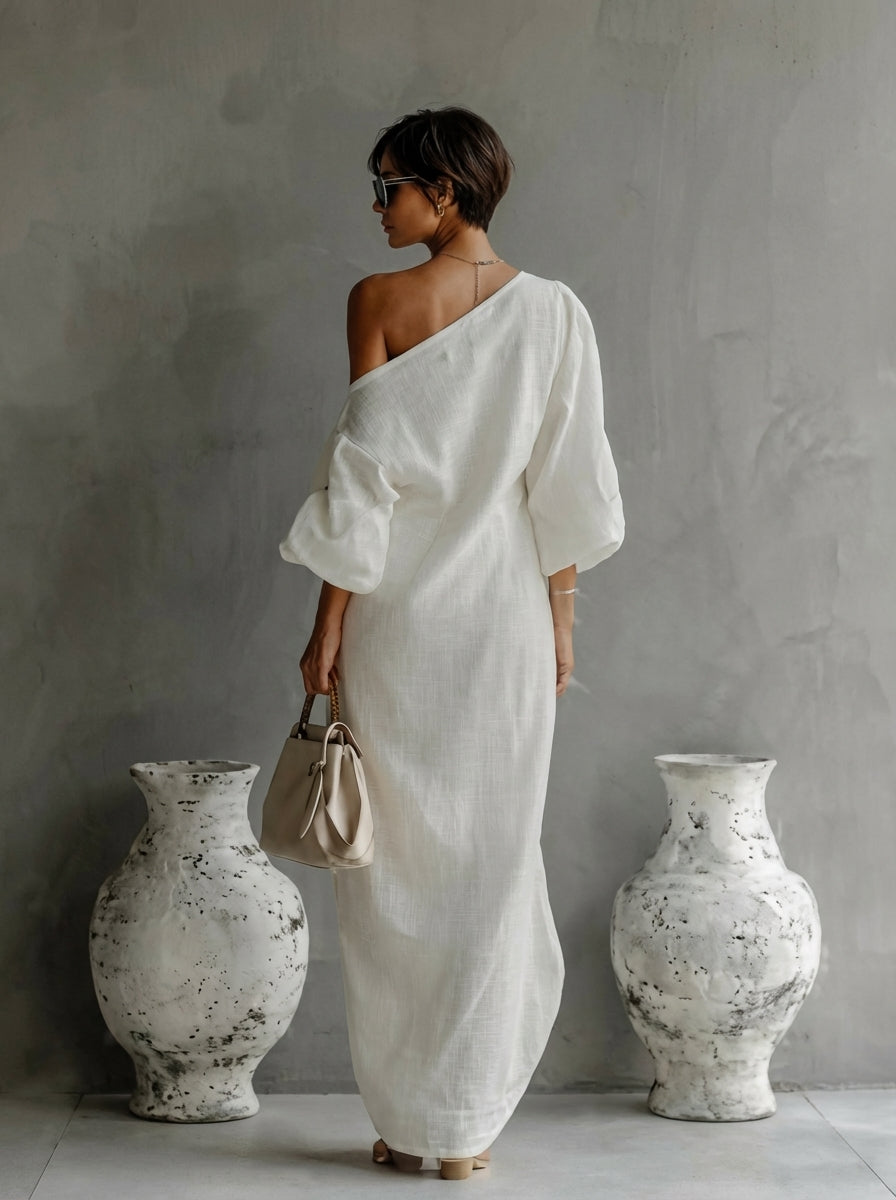 Asymmetrische maxi-jurk met één blote schouder