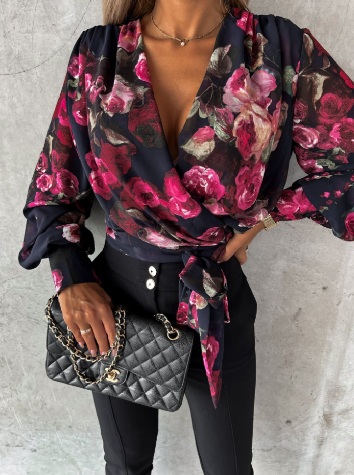 V-Hals blouse met pofmouwen