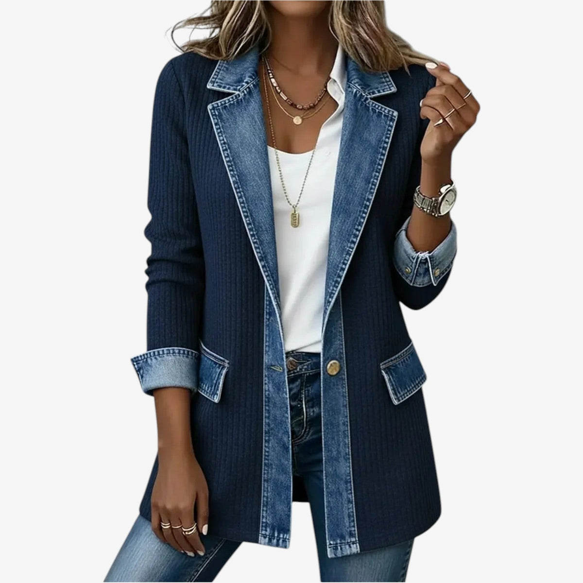 Anita | Damesjasje van breisel met denimlook accenten