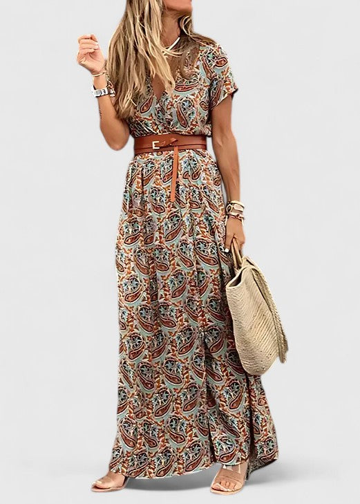 Ziva | Maxi-jurk met gerimpelde taille en bohoprint