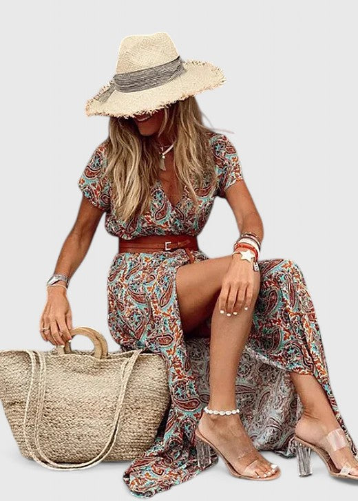 Ziva | Maxi-jurk met gerimpelde taille en bohoprint