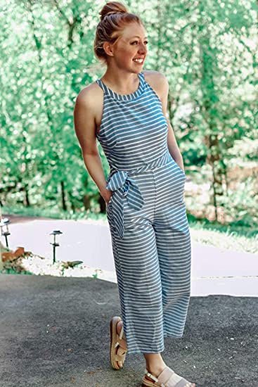 Gestreepte dames jumpsuit met halternek