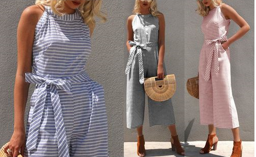 Gestreepte dames jumpsuit met halternek