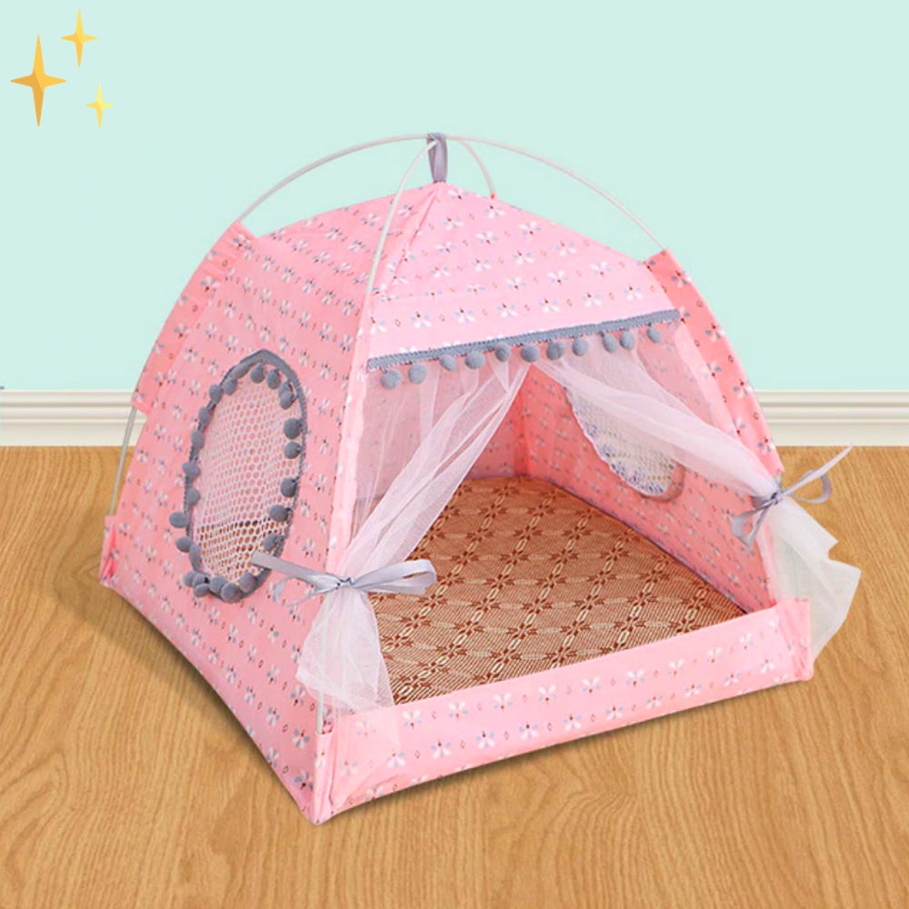 Schattige huisdieren tent met gordijnen