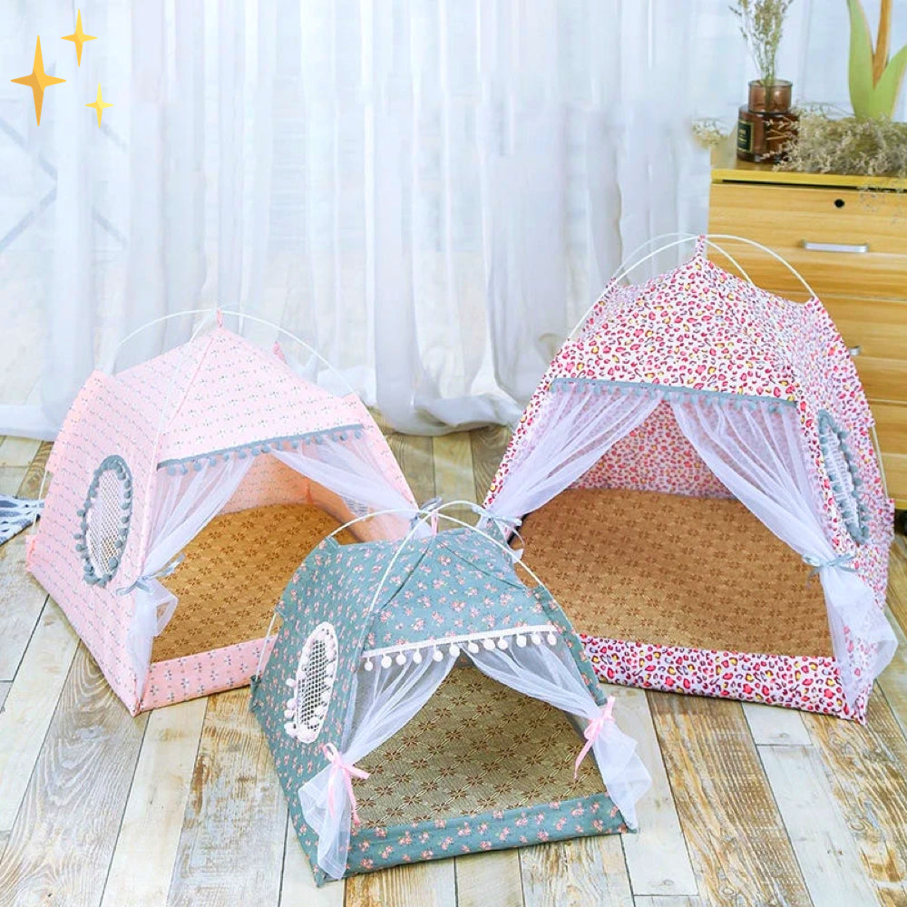 Schattige huisdieren tent met gordijnen