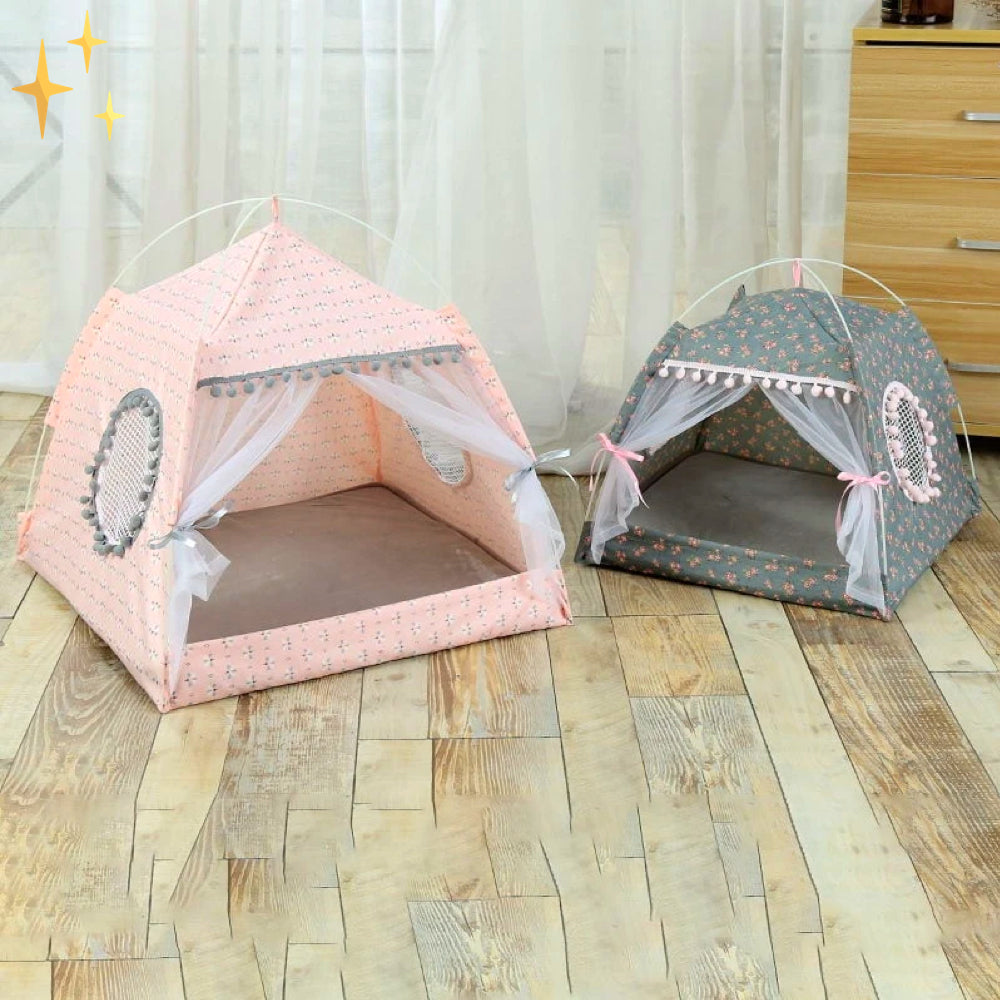 Schattige huisdieren tent met gordijnen