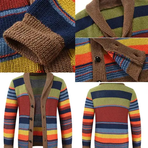 Gebreide heren cardigan met kleurblok en geometrisch patroon