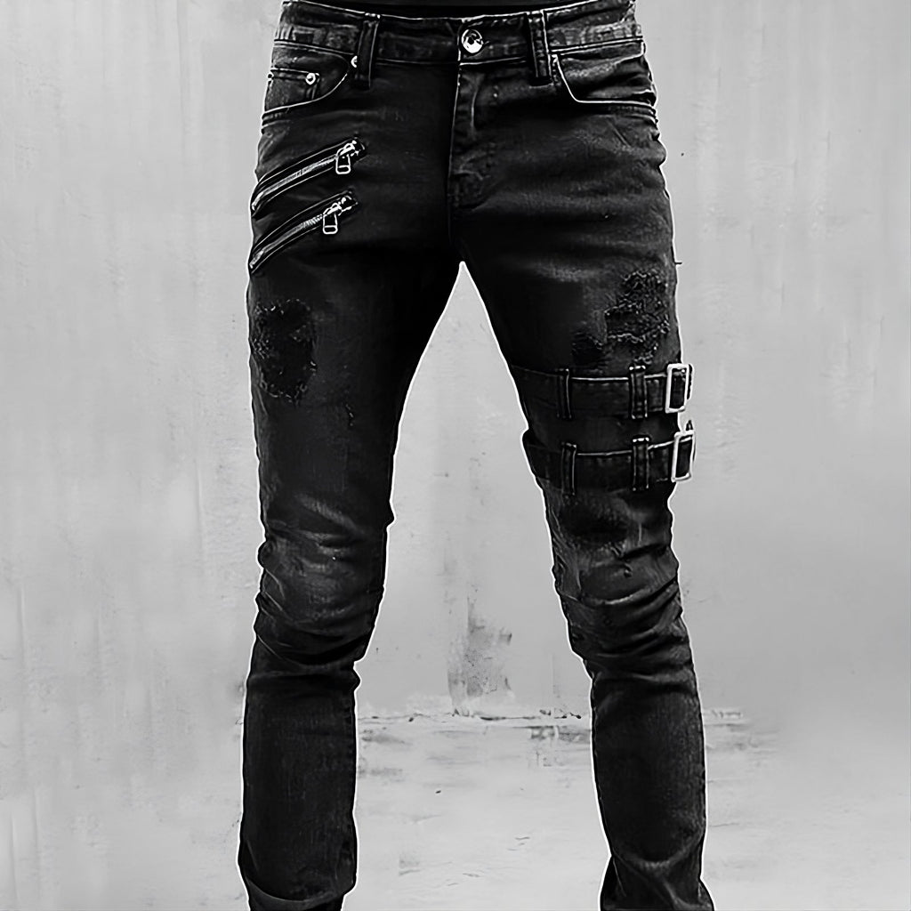 Heren denim jeans met gespen en ritsen