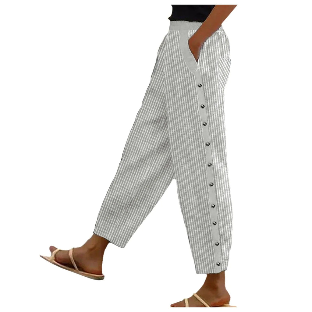Gestreepte hoge taille damesbroek met decoratieve knopen — afbeelding 8