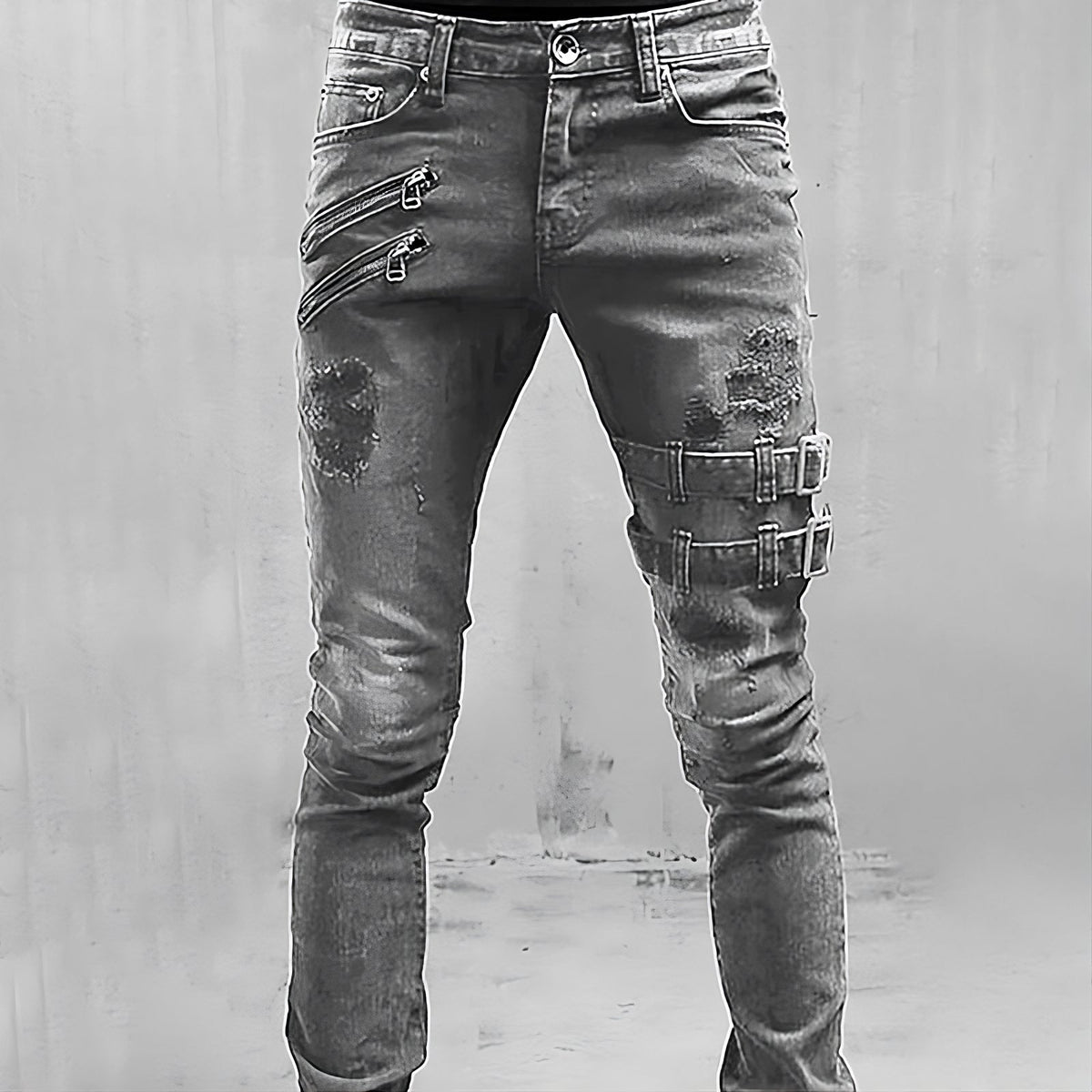 Heren denim jeans met gespen en ritsen