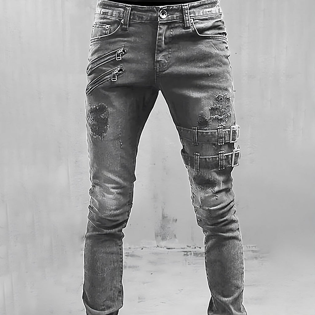 Heren denim jeans met gespen en ritsen