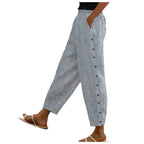 Gestreepte hoge taille damesbroek met decoratieve knopen — afbeelding 16