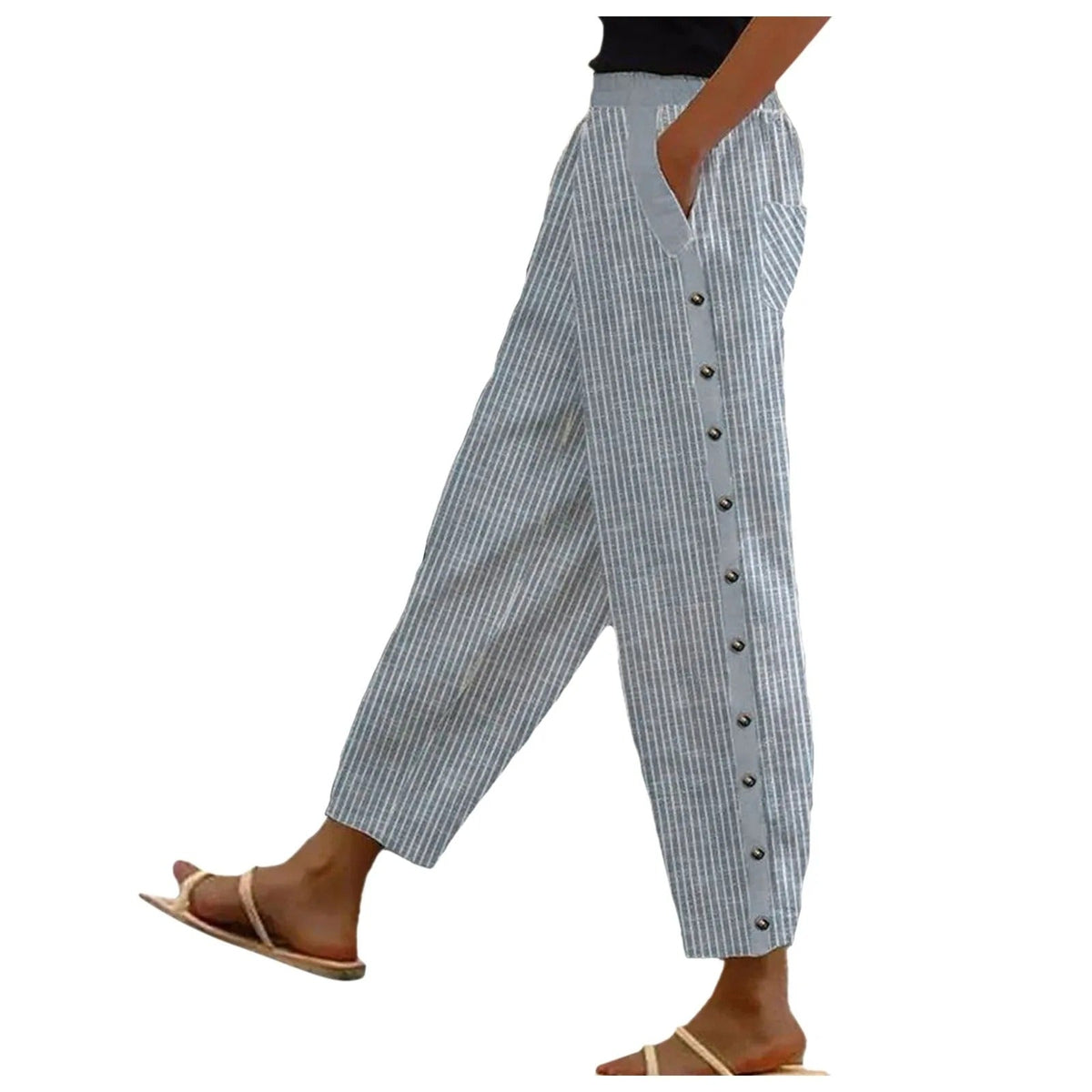 Gestreepte hoge taille damesbroek met decoratieve knopen — afbeelding 16