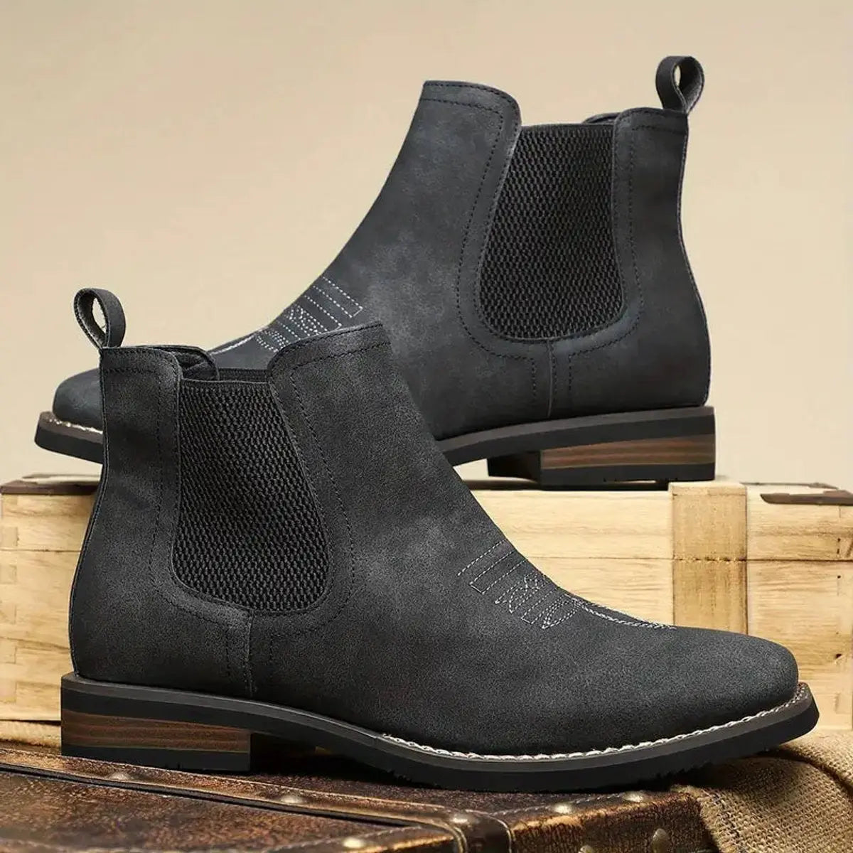 Herenchelseaboots van imitatieleer met westernstiksels