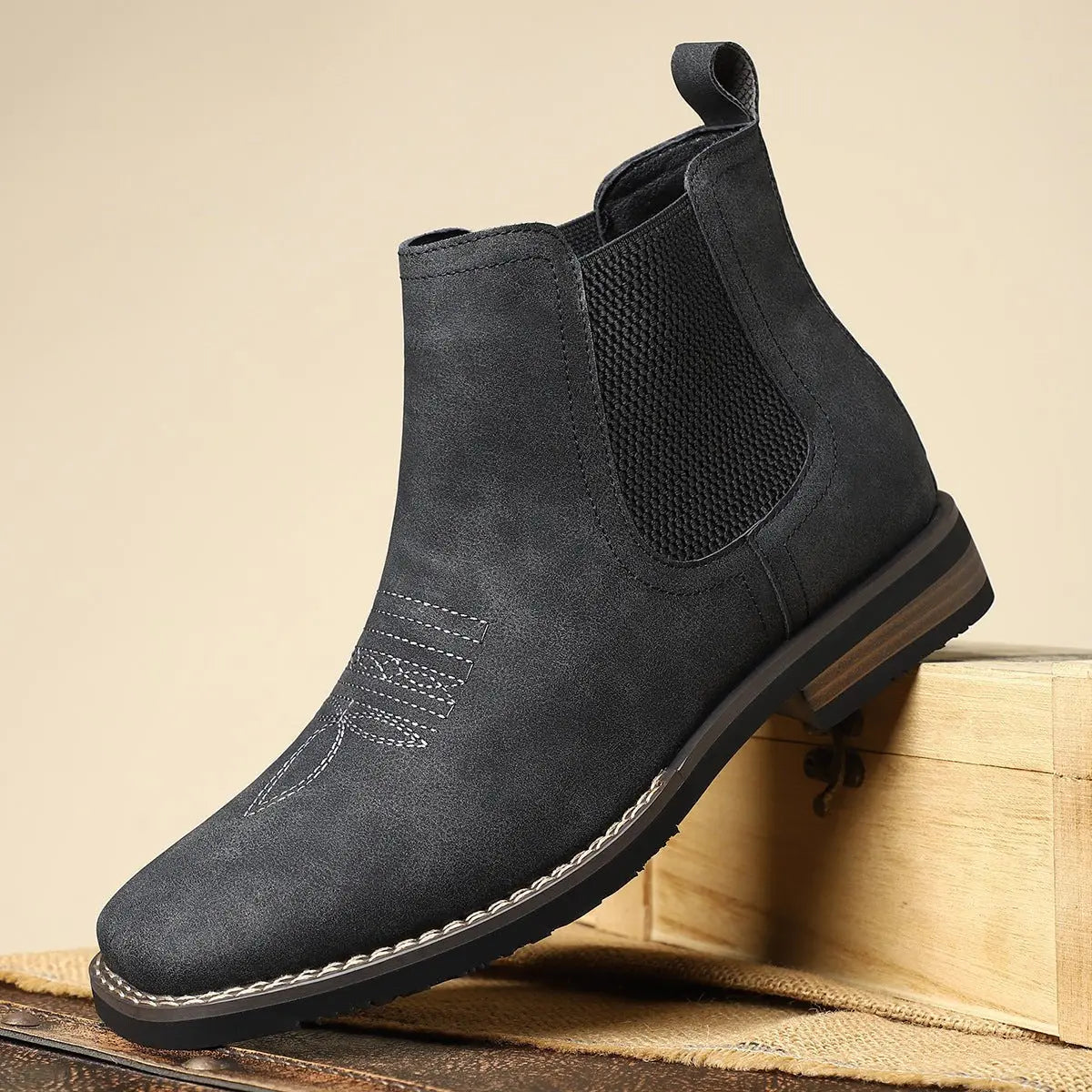 Herenchelseaboots van imitatieleer met westernstiksels