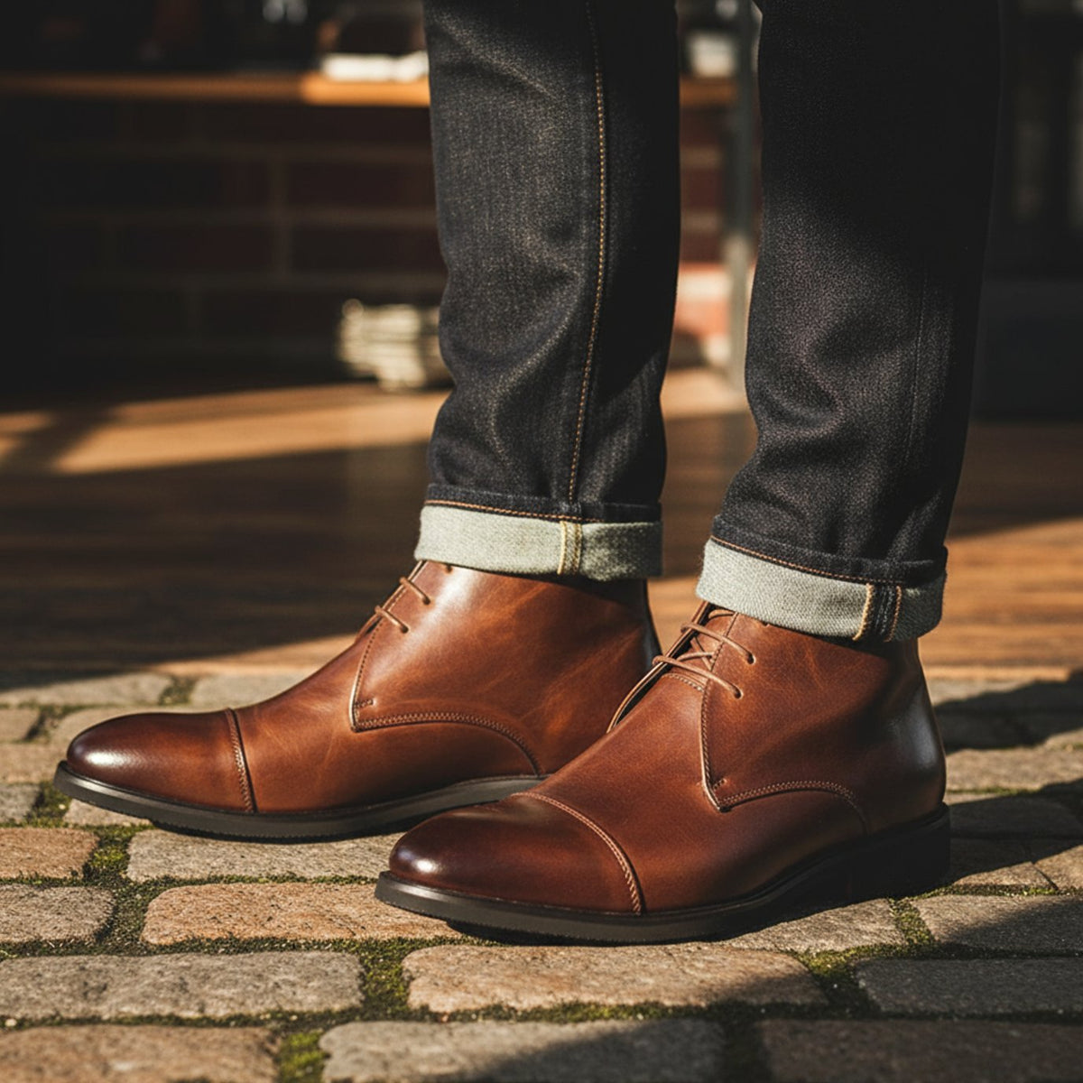Leren herenchukkaboots met neuskap en drie veterogen