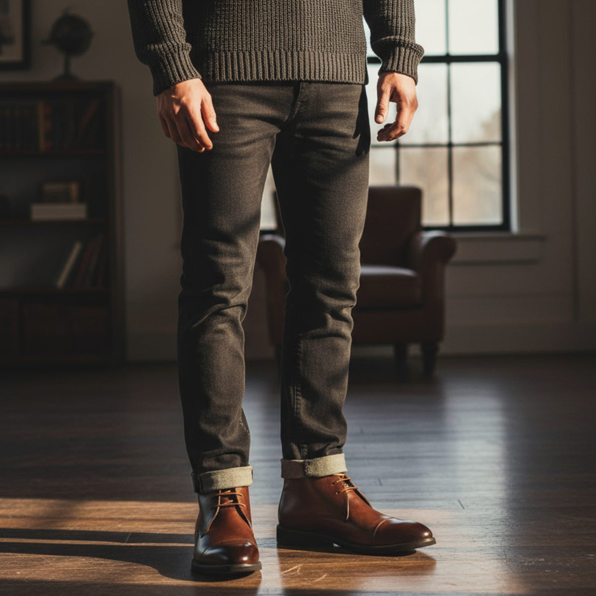 Leren herenchukkaboots met neuskap en drie veterogen