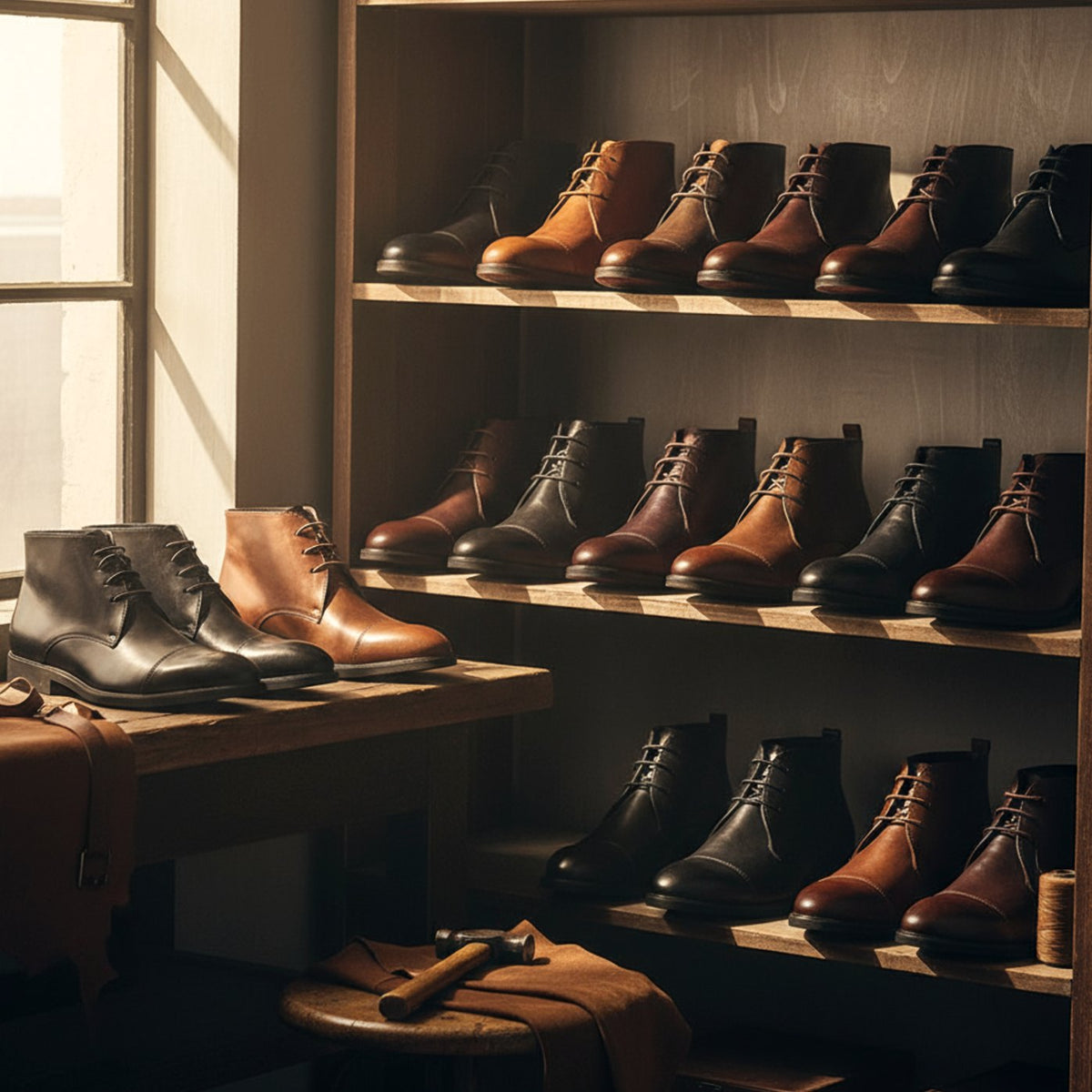 Leren herenchukkaboots met neuskap en drie veterogen