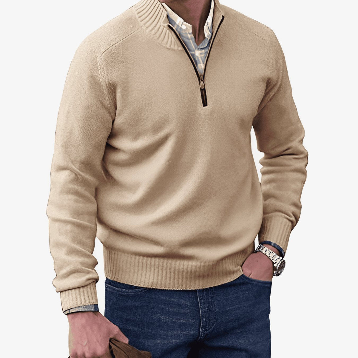 Jesse | Gebreide herenpullover met korte rits en geribde boorden