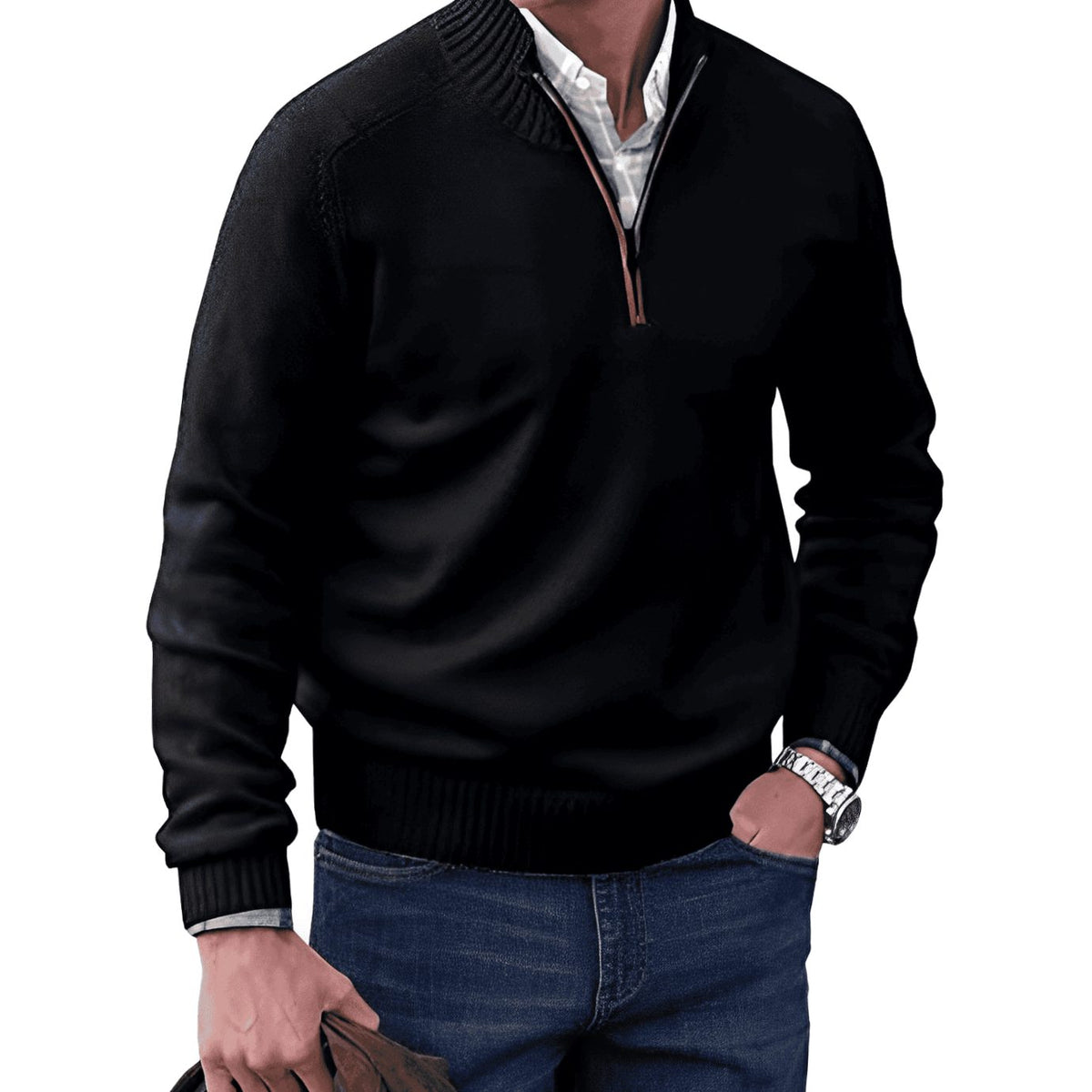 Jesse | Gebreide herenpullover met korte rits en geribde boorden