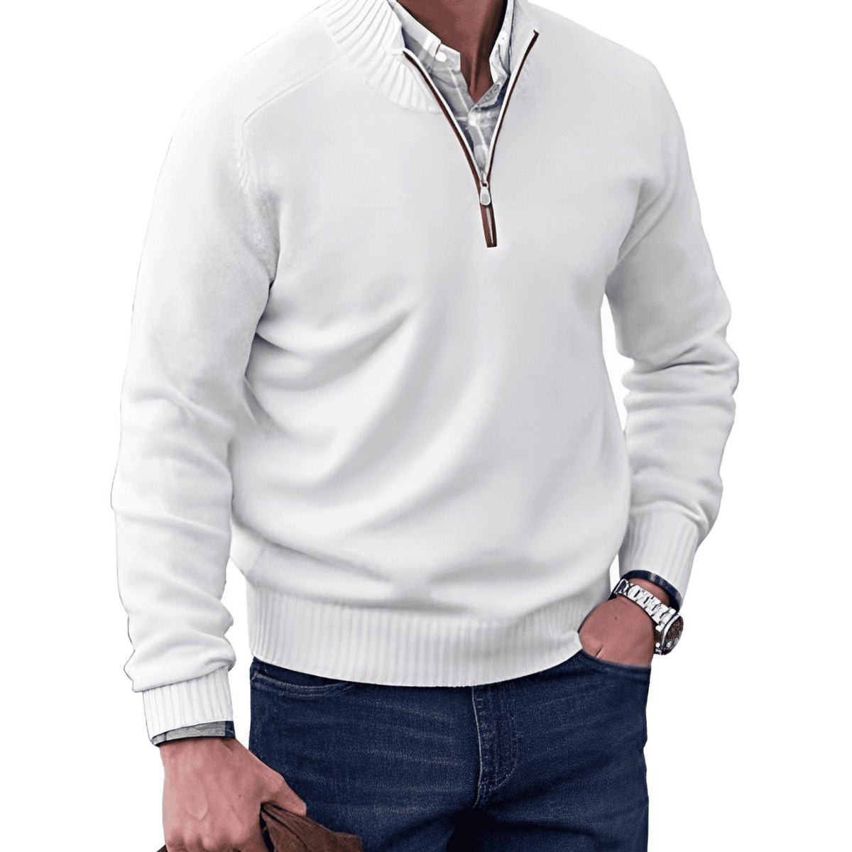 Jesse | Gebreide herenpullover met korte rits en geribde boorden