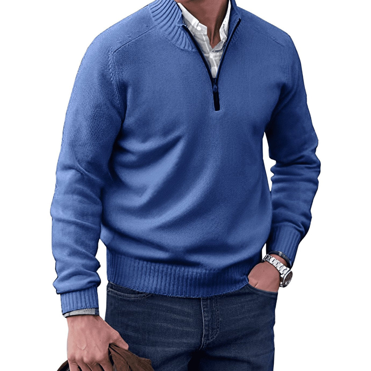 Jesse | Gebreide herenpullover met korte rits en geribde boorden